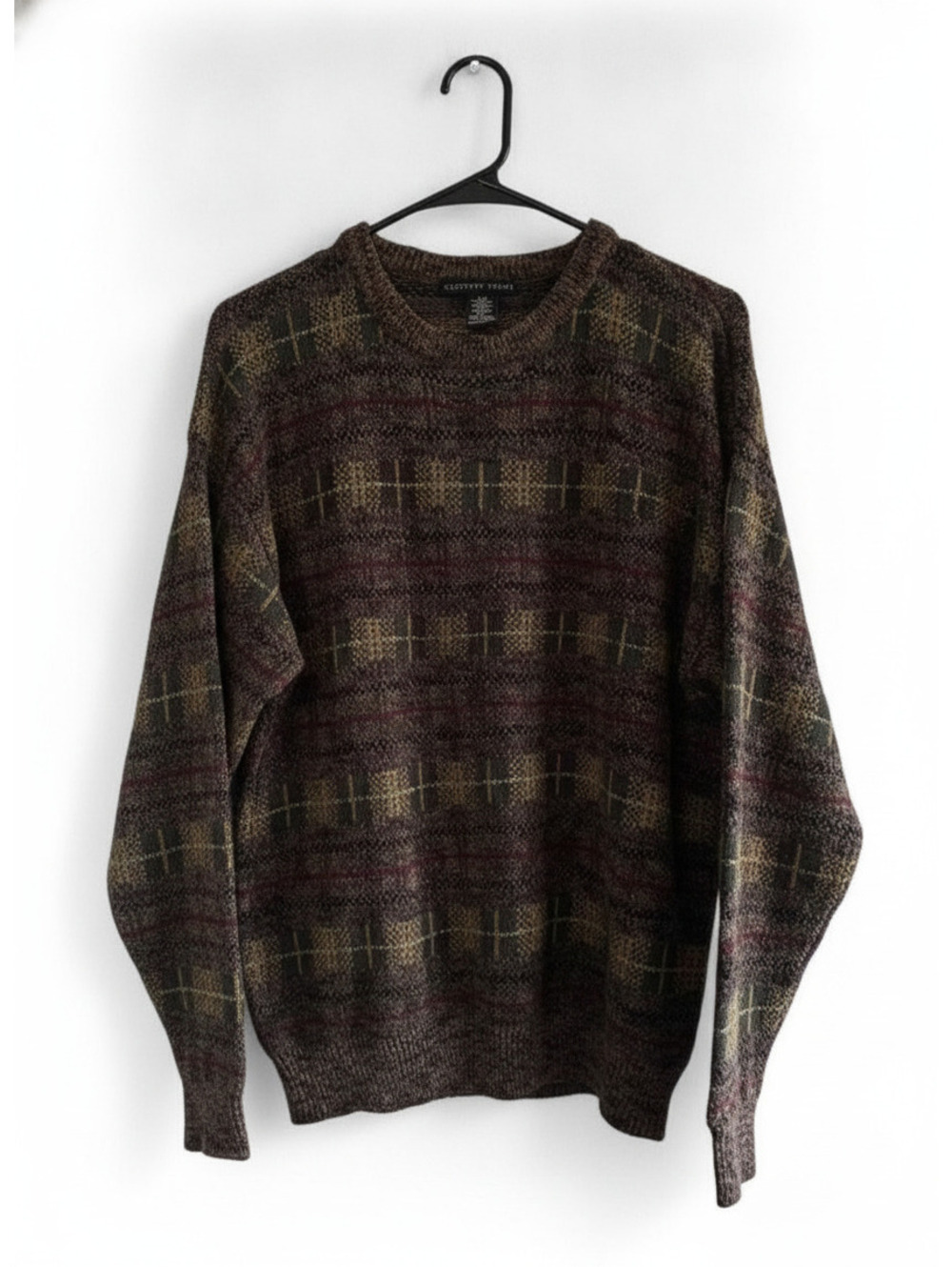 Cozy Sweater Geoffrey Beene Men's Large Brown Multi-Color Plaid Crewneck